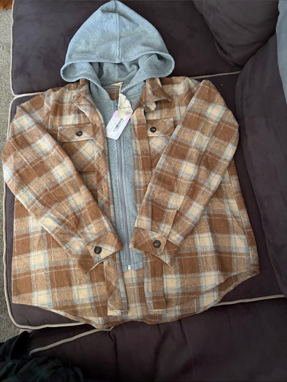 NWT- Hem & Thread Brown Plaid Hooded Shacket with Gray Zip-Up Hoodie